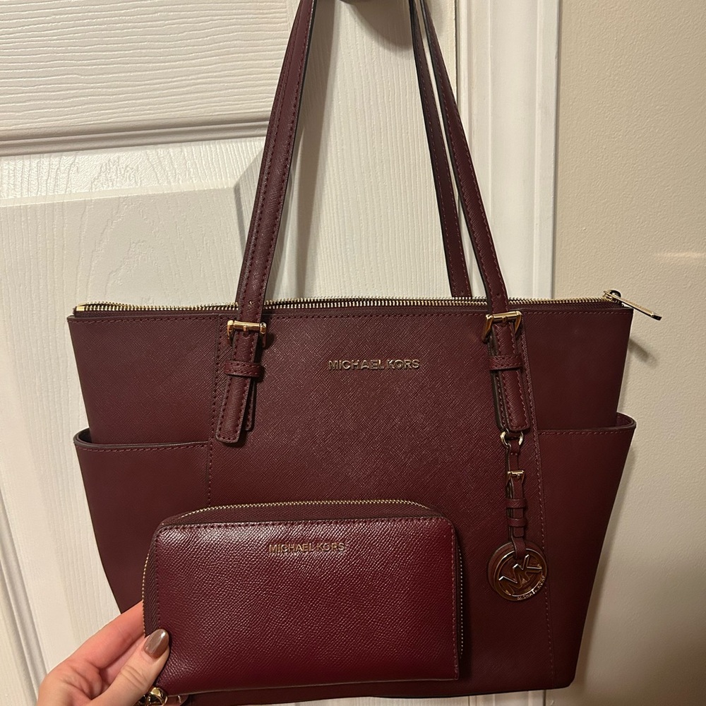 Michael Kors Burgundy Tote and Wallet Set
